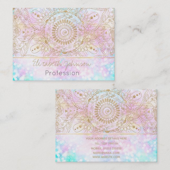 Elegant Gold Mandala & Holographic Glitter Design Business Card (Front/Back)