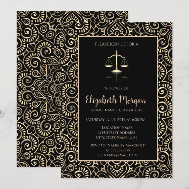 Elegant Gold Mandala Law School Graduation Party  Invitation (Front/Back)