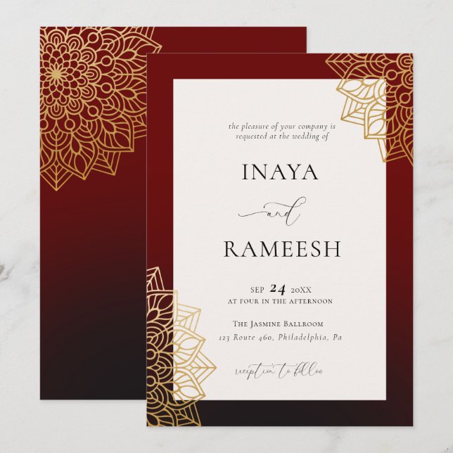 Elegant Gold Mandala Red Indian Wedding Invitation (Front/Back)