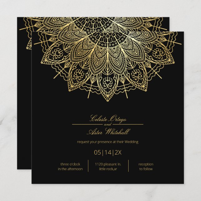 Elegant Gold Mandala Simple Black Wedding Invitation (Front/Back)