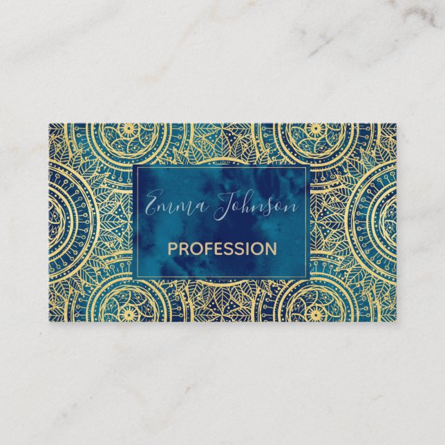 Elegant Gold Mandala Sunflower Blue Pattern Business Card (Front)