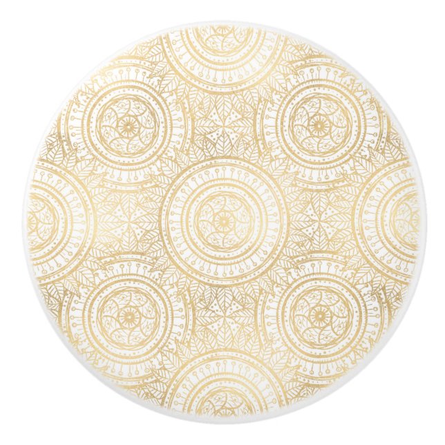 Elegant Gold Mandala Sunflower White Pattern Ceramic Knob (Front)