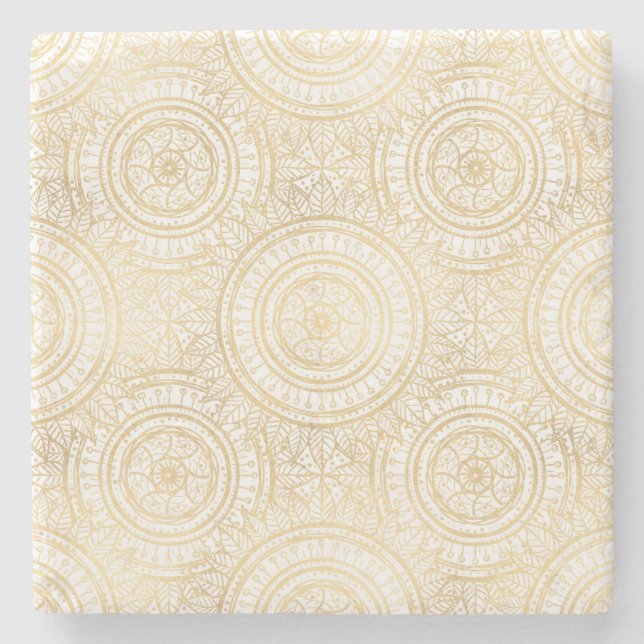 Elegant Gold Mandala Sunflower White Pattern Stone Coaster (Front)