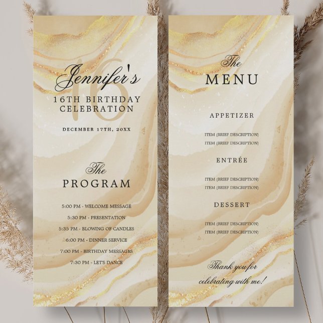 Elegant Gold Marble 16th Birthday Program Menu  Invitation (Elegant Gold Marble 16th Birthday Program Menu )
