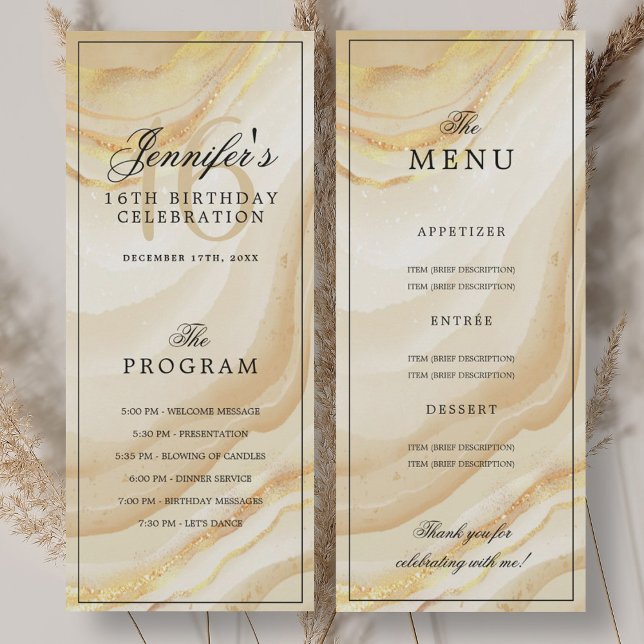 Elegant Gold Marble 16th Birthday Program Menu  Invitation (Elegant Gold Marble 16th Birthday Program Menu)