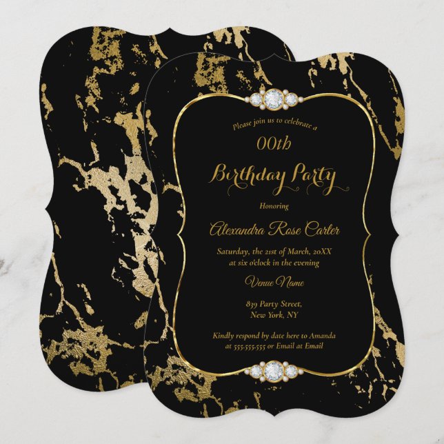 Elegant Gold Marble Black Diamond Birthday Party Invitation (Front/Back)