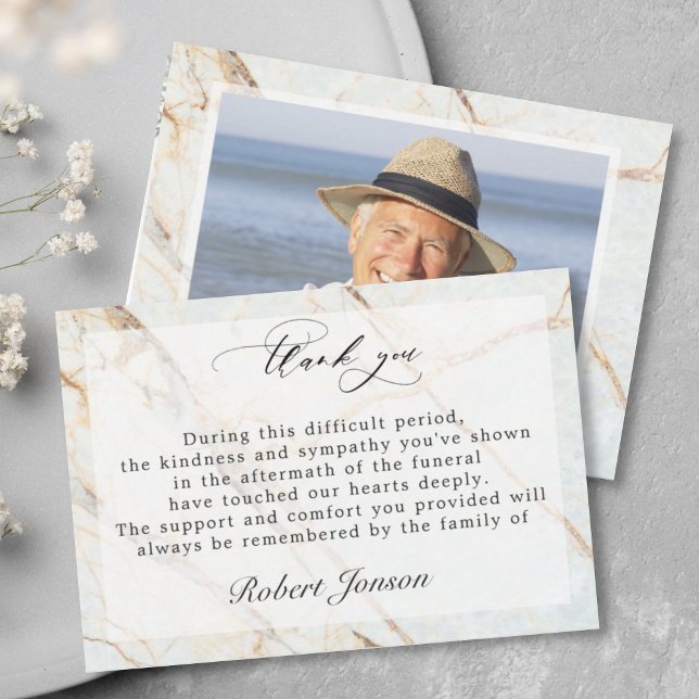 Elegant Gold Marble Funeral Sympathy Family Photo Thank You Card (Creator Uploaded)