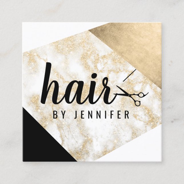 Elegant gold marble glitter scissors hairstylist square business card (Front)