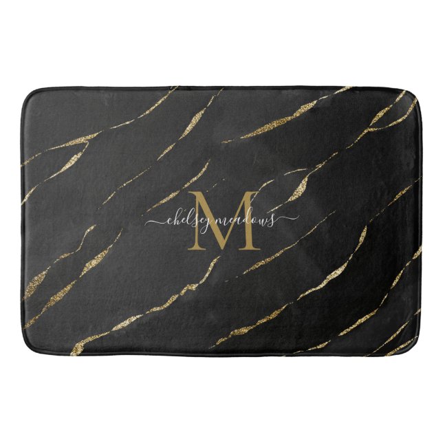 Elegant Gold Marble Monogram Calligraphy Script Bath Mat (Front)