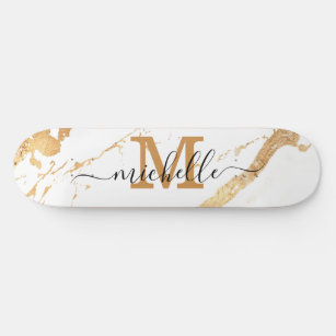 Elegant Gold Marble Monogram Script Skateboard