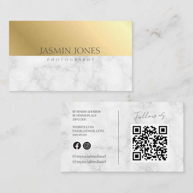 Elegant Gold Marble QR Code Business Card (Front/Back)