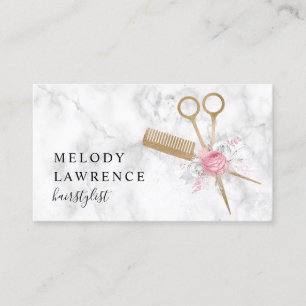 Elegant gold marble scissors & comb hairstylist business card