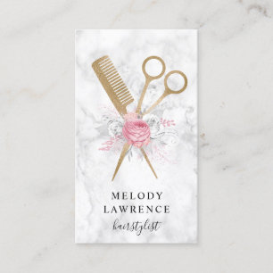 Elegant gold marble scissors & comb hairstylist business card