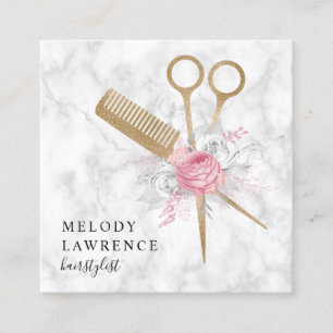 Elegant gold marble scissors & comb hairstylist square business card