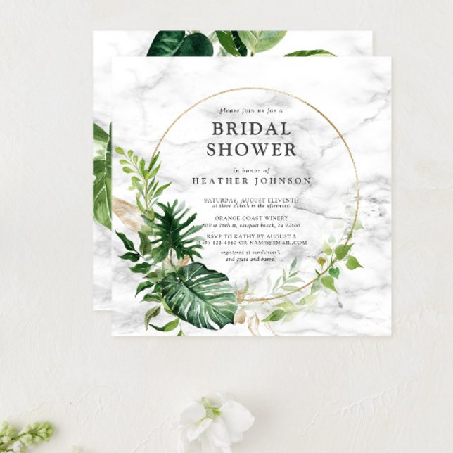 Elegant Gold Marble Tropical Wreath Square Shower Invitation (Creator Uploaded)