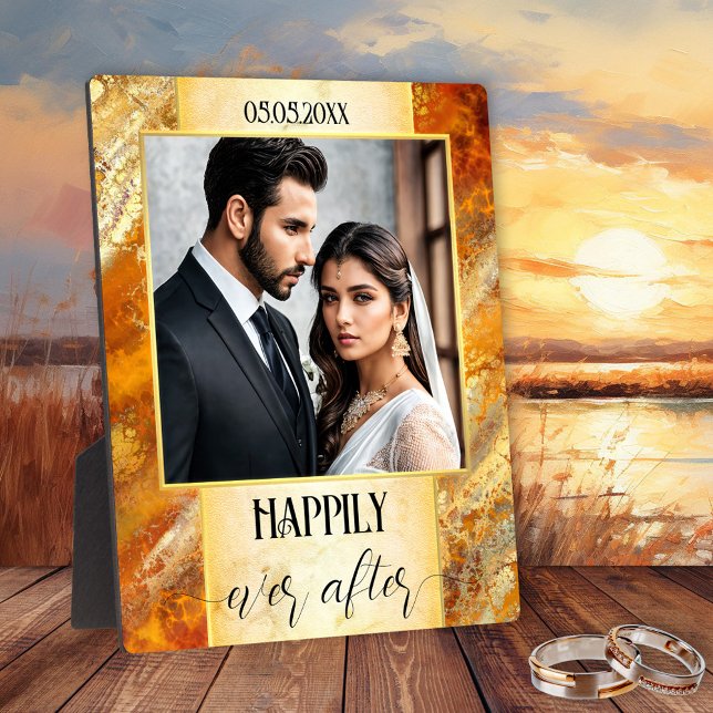 Elegant Gold Marble Wedding Photo Plaque (Wedding photo plaque featuring your photo on an artistic marble and gold design with a script text)
