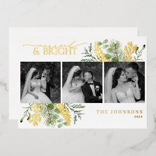 Elegant Gold Married & Bright Black & White Photo Foil Holiday Card