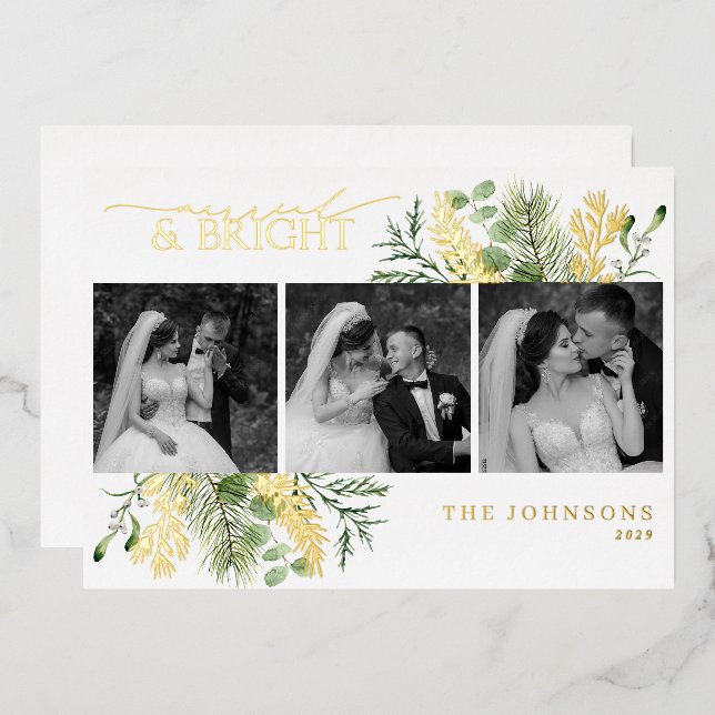 Elegant Gold Married & Bright Black & White Photo Foil Holiday Card (Front/Back)
