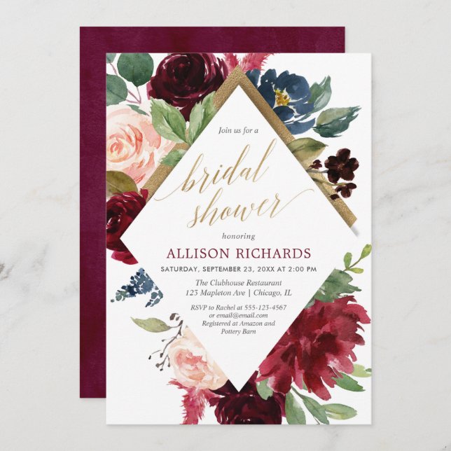 Elegant gold marsala burgundy pink bridal shower invitation (Front/Back)