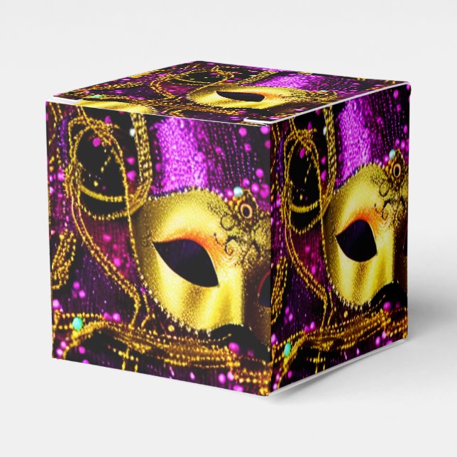 Elegant Gold Mask Cube Favour Box (Front Side)