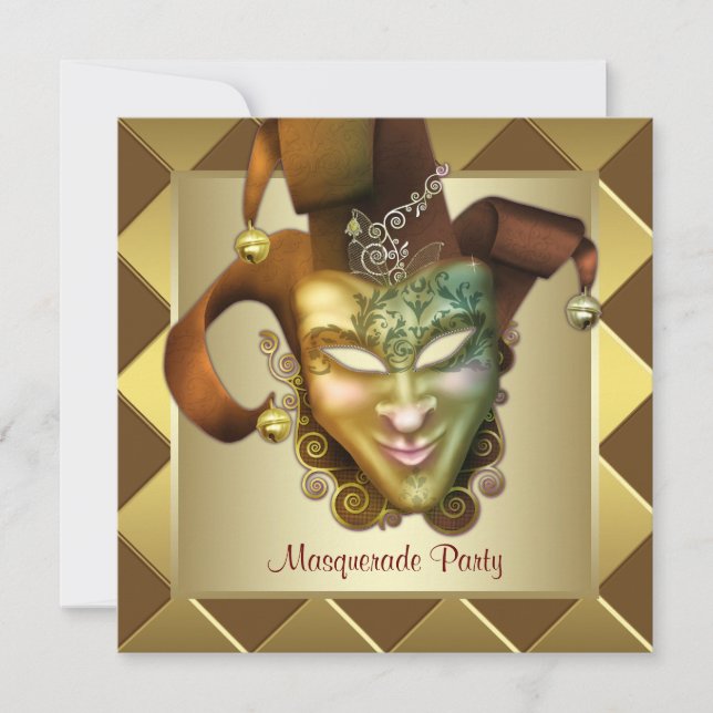 Elegant Gold Mask Red Masquerade Party Invitation (Front)