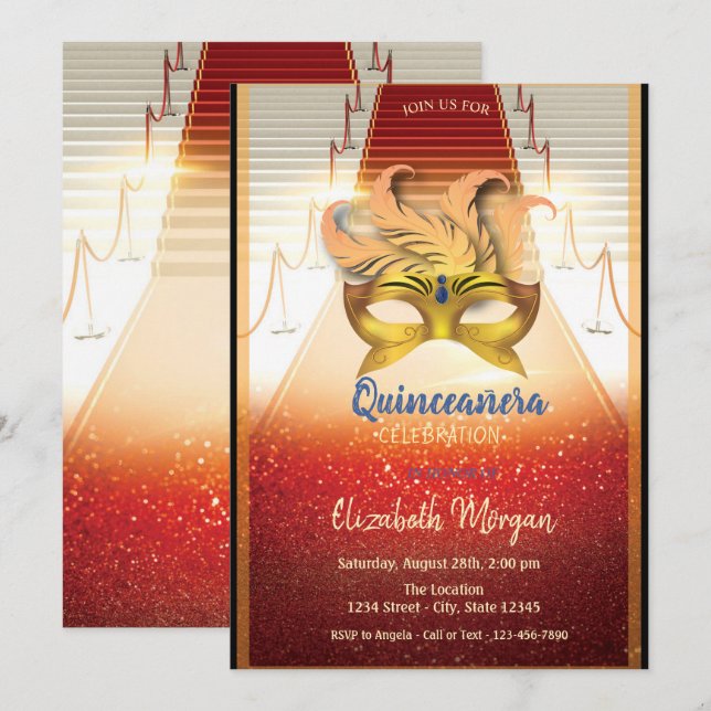Elegant Gold Masque, Red Carpet Quinceanera Invitation (Front/Back)
