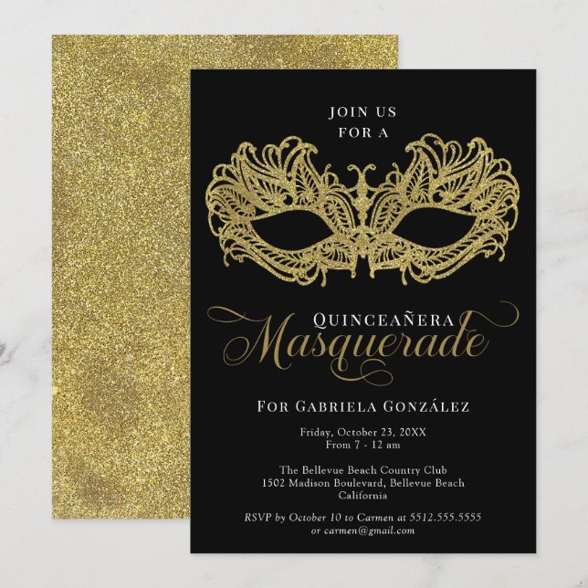 Elegant Gold Masquerade Mask Quinceanera Invitation (Front/Back)