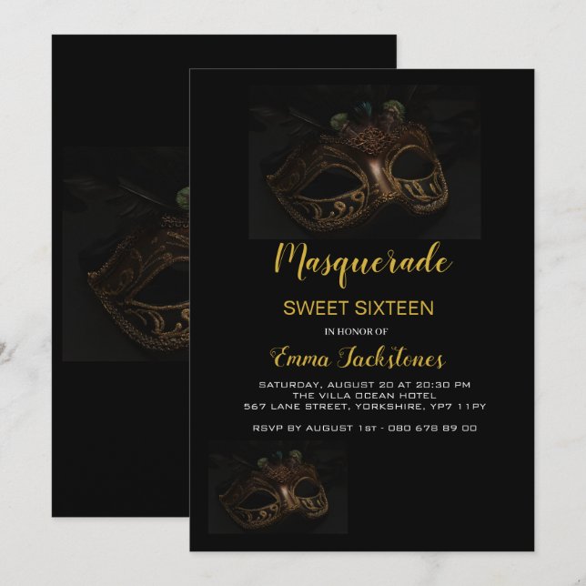 Elegant Gold Masquerade Mask Theme Sweet Sixteen  Invitation (Front/Back)
