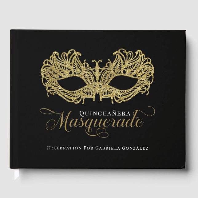 Elegant Gold Masquerade Quinceanera Guest Book (Front)