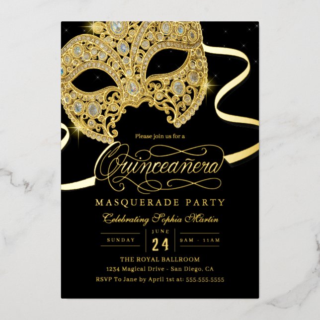 Elegant Gold Masquerade Quinceanera Invitation (Front)