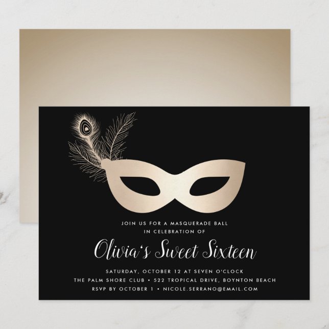Elegant Gold Masquerade Theme Sweet Sixteen Invitation (Front/Back)
