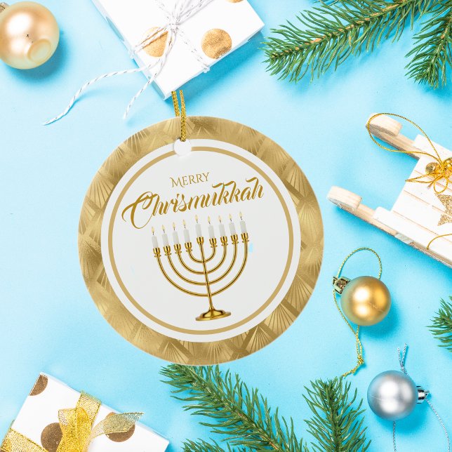 Elegant Gold Menorah Hanukkah Merry Chrismukkah Ceramic Tree Decoration (Creator Uploaded)