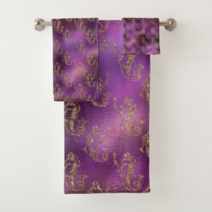 Elegant Gold Mermaid Pattern Purple Metallic Bath Towel Set