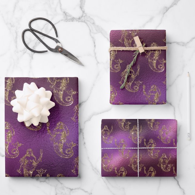 Elegant Gold Mermaid Pattern Purple Metallic Shiny Wrapping Paper Sheet (Front)