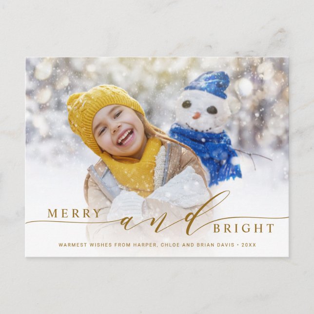 Elegant Gold Merry and Bright Photo Holiday  Postcard (Front)