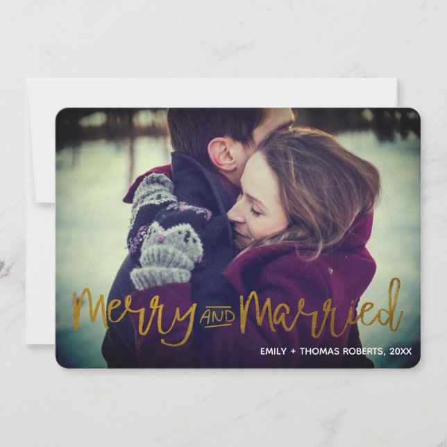 Elegant Gold Merry and Married Newlywed Couple Holiday Card (Front)