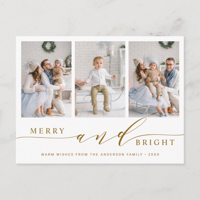 Elegant Gold Merry & Bright 3 Photo Holiday Postcard (Front)