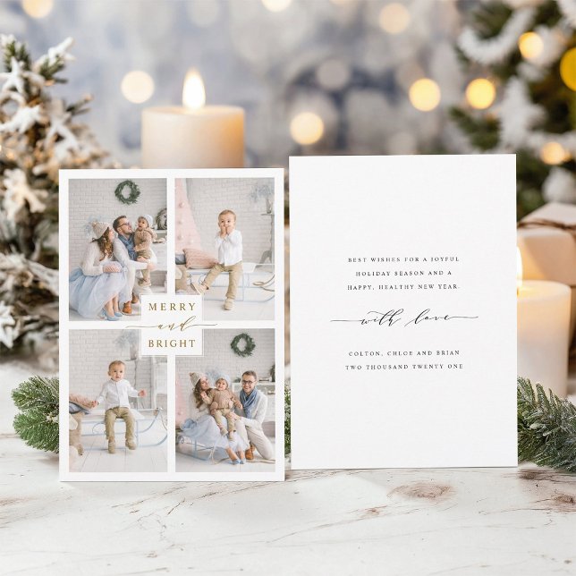 Elegant Gold Merry & Bright 4 Photo Holiday Card (Front & Back)