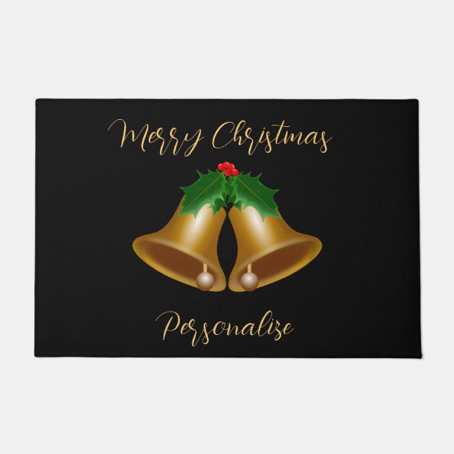 Elegant Gold Merry Christmas Bells Personalised Doormat (Front)