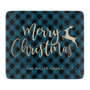 Elegant Gold Merry Christmas Black & Blue Plaid Cutting Board