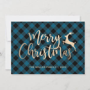 Elegant Gold Merry Christmas Black & Blue Plaid Holiday Card