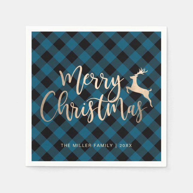 Elegant Gold Merry Christmas Black & Blue Plaid Napkin (Front)
