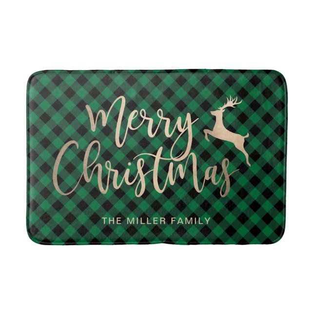 Elegant Gold Merry Christmas Black & Green Plaid Bath Mat (Front)