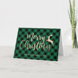 Elegant Gold Merry Christmas Black & Green Plaid Card