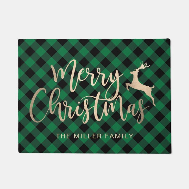 Elegant Gold Merry Christmas Black & Green Plaid Doormat (Front)