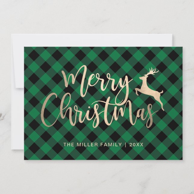Elegant Gold Merry Christmas Black & Green Plaid Holiday Card (Front)