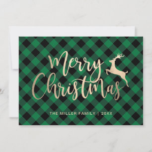 Elegant Gold Merry Christmas Black & Green Plaid Holiday Card