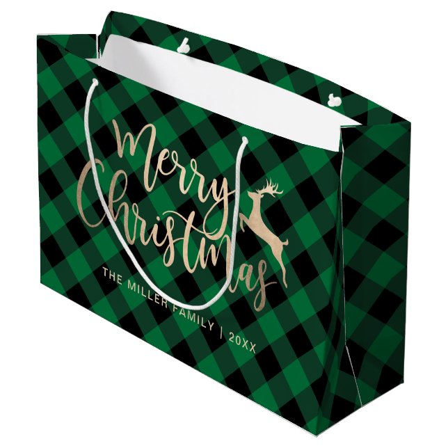 Elegant Gold Merry Christmas Black & Green Plaid Large Gift Bag (Back Angled)