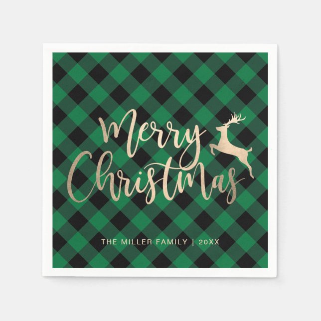 Elegant Gold Merry Christmas Black & Green Plaid Napkin (Front)