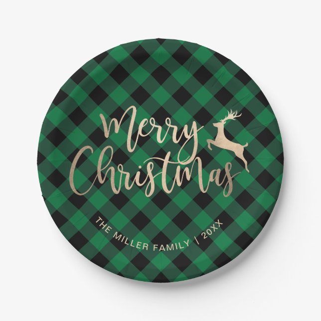 Elegant Gold Merry Christmas Black & Green Plaid Paper Plate (Front)